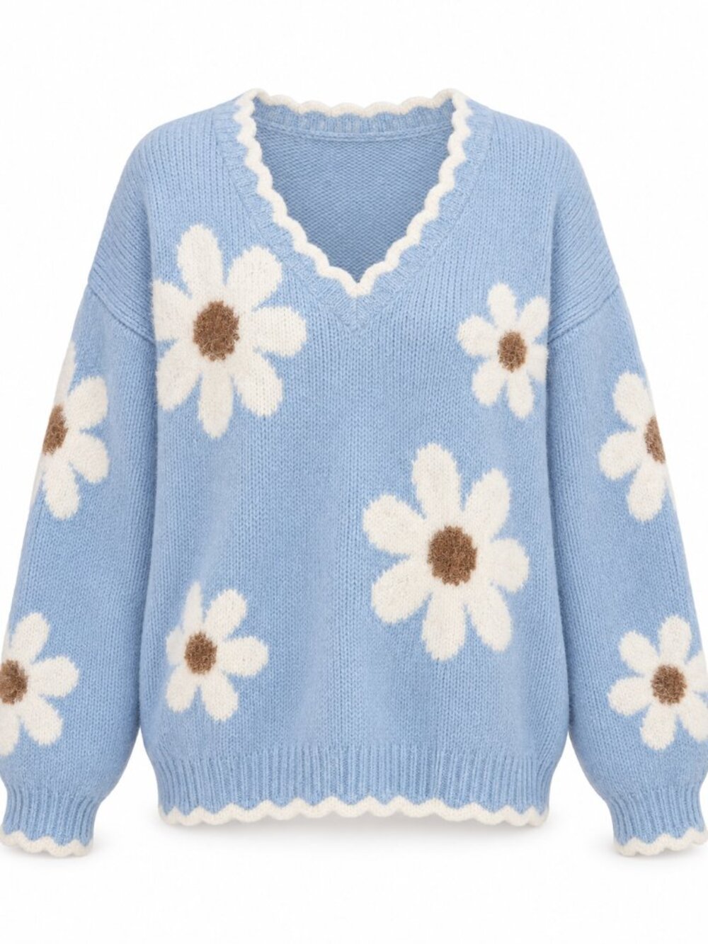 Light Blue Daisy Floral V-Neck Knit Sweater Scalloped Trim XL